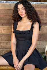 Ruffled Trim Square Neck Cinch Waist Sleeveless Pleated Mini Dresses-Black